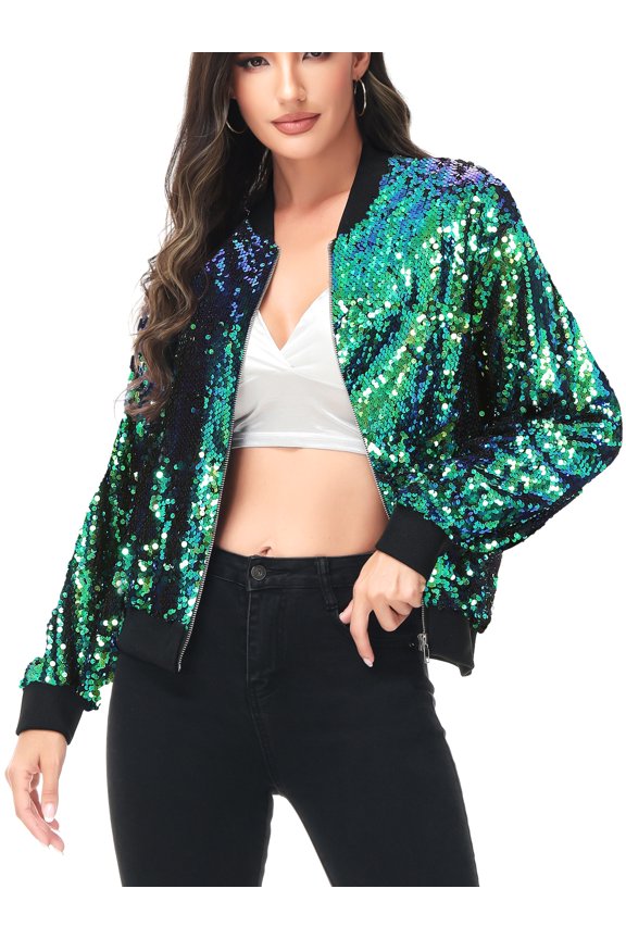 Fashion Womens Sequin Jacket Long Sleeve Front Zip with Ribbed Cuffs Outerwear Tops