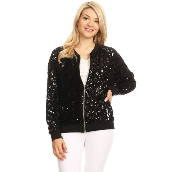 Fashion Womens Sequin Long Sleeve Front Zip Jacket with Ribbed Cuffs