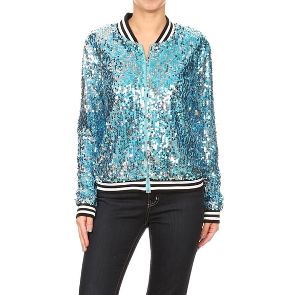 Fashion Womens Sequin Long Sleeve Front Zip Jacket with Ribbed Cuffs