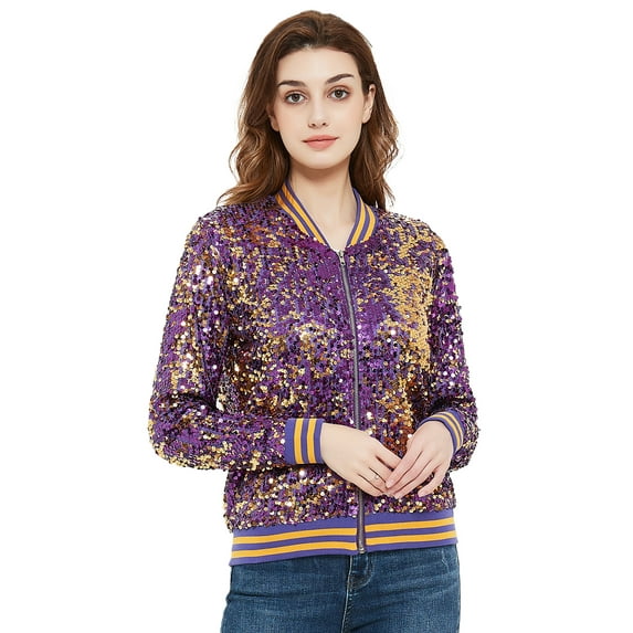 Women's Striped Metallic Sequin Varsity Jacket Color: Purple And Gold Size: LARGE