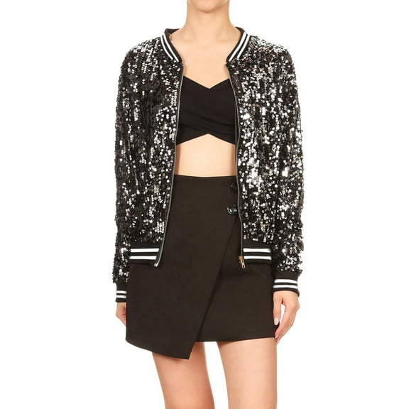 Fashion Womens Sequin Long Sleeve Front Zip Jacket with Ribbed Cuffs