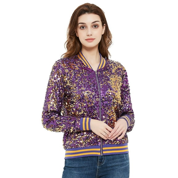 Fashion Womens Sequin Long Sleeve Front Zip Jacket with Ribbed Cuffs