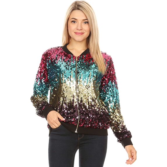 Anna-Kaci Womens Sequin Long Sleeve Front Zip Jacket with Ribbed Cuffs Small Gradient Color