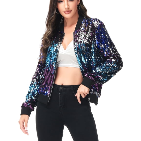 Fashion Womens Sequin Long Sleeve Front Zip Jacket with Ribbed Cuffs