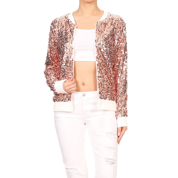 Fashion Womens Sequin Long Sleeve Front Zip Jacket with Ribbed Cuffs