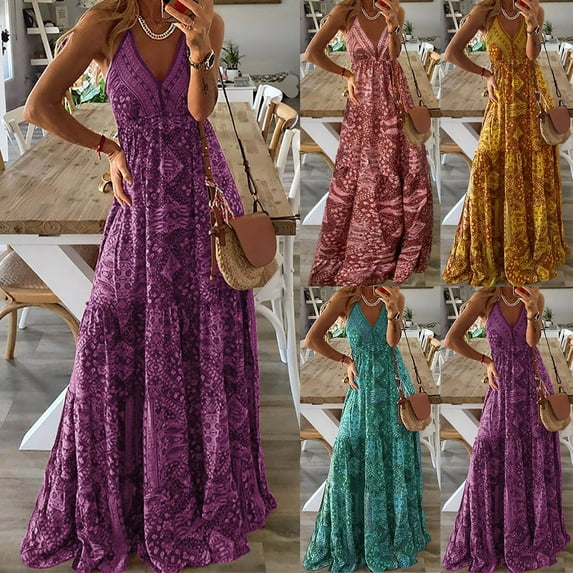 Fashion Womens Summer Dresses Casual Print V-Neck Camis Sleeveless Vest Long Dress Long Summer Dresses for Women Womens Dresses