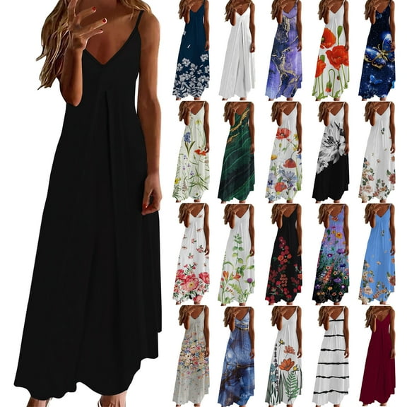 Fashion Womens Summer Dresses Casual Solid V-Neck Camis Sleeveless Vest Long Dress Long Summer Dresses for Women Womens Dresses