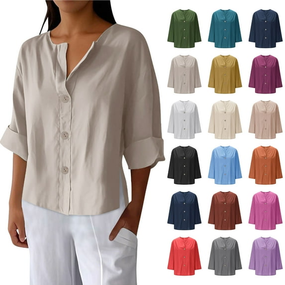 Fashion Womens Summer Linen Shirt Roll-Up Long Sleeve Tops Button Irregular Tunic Pockets Blouse Tops