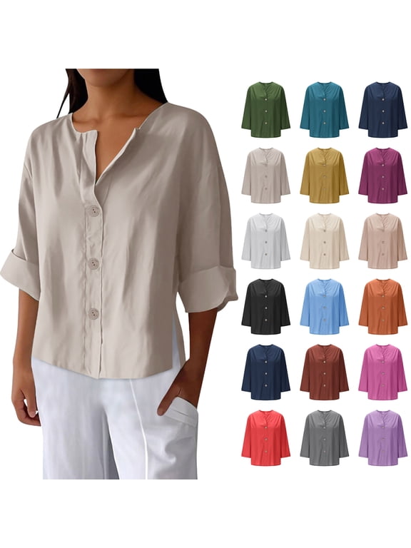 Fashion Womens Summer Linen Shirt Roll-Up Long Sleeve Tops Button Irregular Tunic Pockets Blouse Tops
