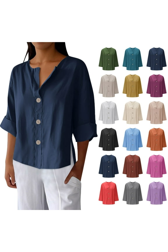 Fashion Womens Summer Linen Shirt Roll-Up Long Sleeve Tops Button Irregular Tunic Pockets Blouse Tops