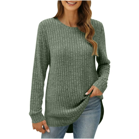 Fashion Womens Tops 2026 Plus Size Shirts Casual Loose Round Neck Brushed Rib Solid Color Low Curved Hem Top