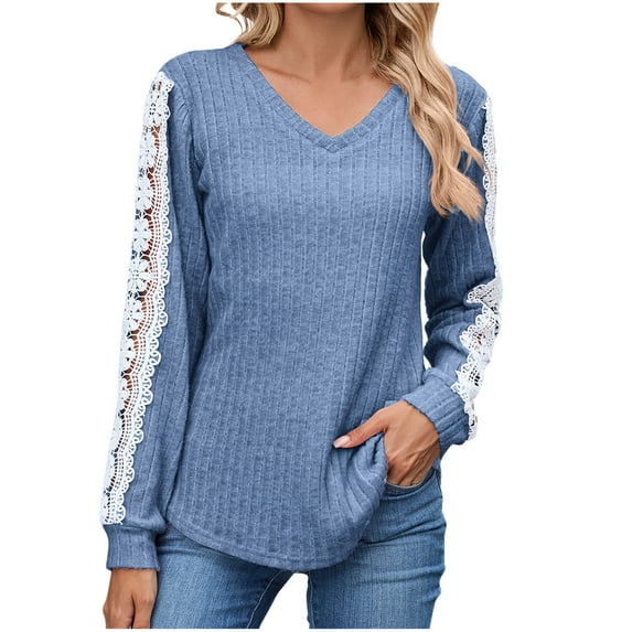 Fashion Womens Tops 2026 Plus Size Shirts Casual Solid Color V-neck Loose Long Sleeve Lace Contrast T-shirt Top