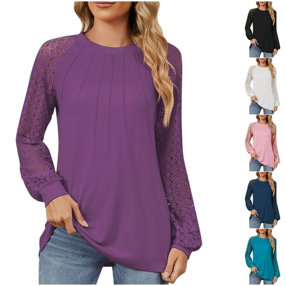 Fashion Womens Tops 2026 Plus Size Shirts Spring Summer Long Sleeve Round-Neck Fashion T-Shirt Solid Color Casual For Women