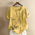 thumbnail image 1 of Fashion Womens Tops Retro Bamboo Print Casual Loose Cotton Linen Short Sleeve Pullover T Shirt Yellow, 1 of 3
