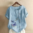 thumbnail image 1 of Fashion Womens Tops Retro Butterfly Print Casual Loose Cotton Linen Short Sleeve Pullover T Shirt BU3, 1 of 3