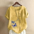 thumbnail image 1 of Fashion Womens Tops Retro Butterfly Print Casual Loose Cotton Linen Short Sleeve Pullover T Shirt Yellow, 1 of 3
