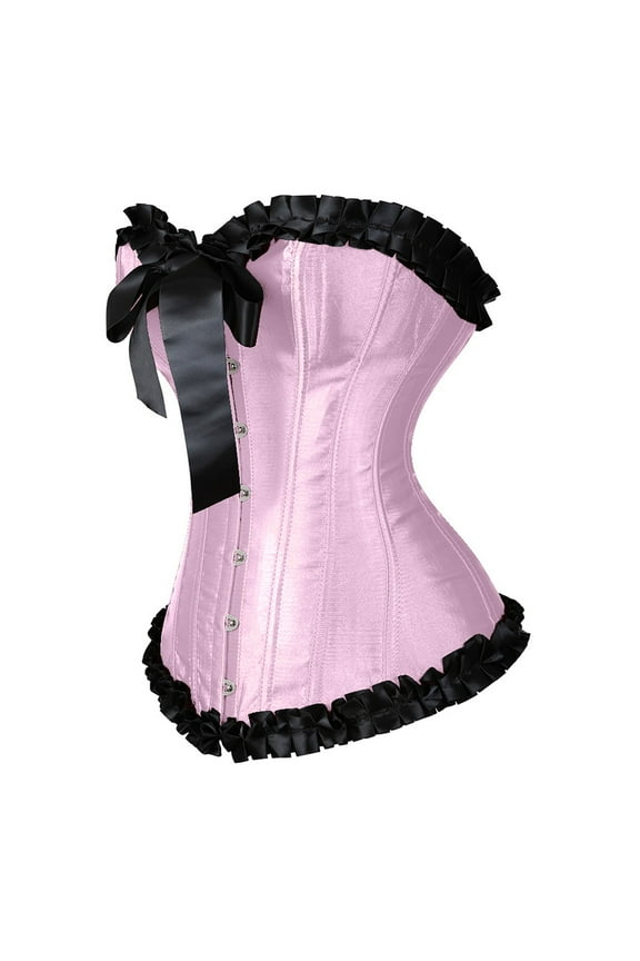 Fashion Womens Vintage Floral Denim Overbust Corset Bustier Top 02-Pink S