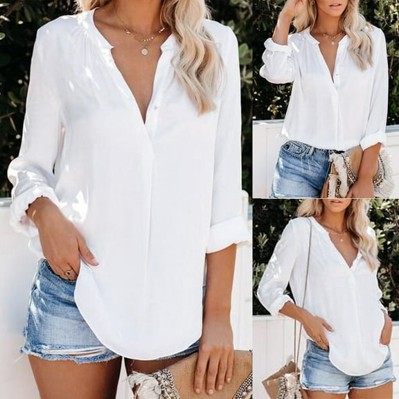Fashion Womens White Long Sleeve V Neck Tee Casual Popular Blouse Tops Women S T Shirts Medium Pack Long Sleeve Tee Womens Long Sleeve Shirts Womens Long Sleeved Tee Shirt Womens Athletic Wear Women's