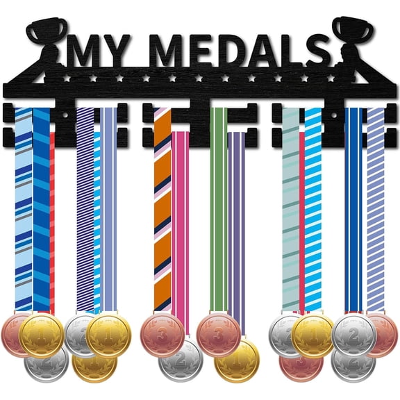 Fashion Wood Medal Hanger Holder 2 Line Display Wall Rack with Screws & Anchor Plug Black Trophy 133x400mm Hole: 5mm