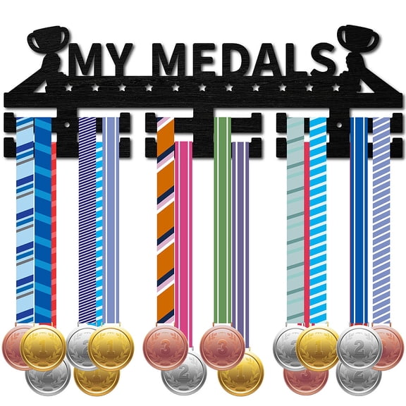 Fashion Wood Medal Hanger Holder 2 Line Display Wall Rack with Screws Anchor Plug Black Trophy 133x400mm Hole: 5mm