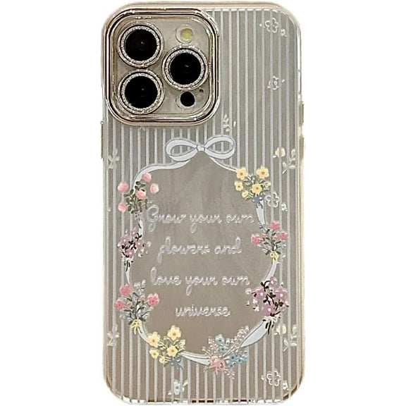 Fashion Wreath Flowers Stripe Bow Plating Mirror Phone Case Compatible with iPhone Case (Clear,iPhone 14 Pro Max)