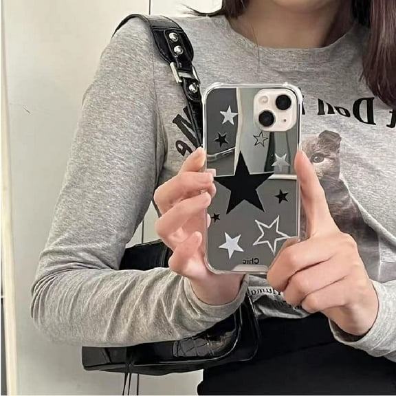 Fashion Y2K Stars Mirror Phone Case for iPhone 14promax 13promax 13 12 11 ，Lovely Cartoon Fashion Super Star Shockproof Silvery Phone Case-for iPhone 13PRO