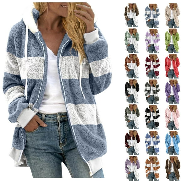 Fashion Zipper Up Fleece Jackets Winter Warm Plus Size V-Neck Pullover Tops Long Sleeve Hooded Blouse Sweatshirt