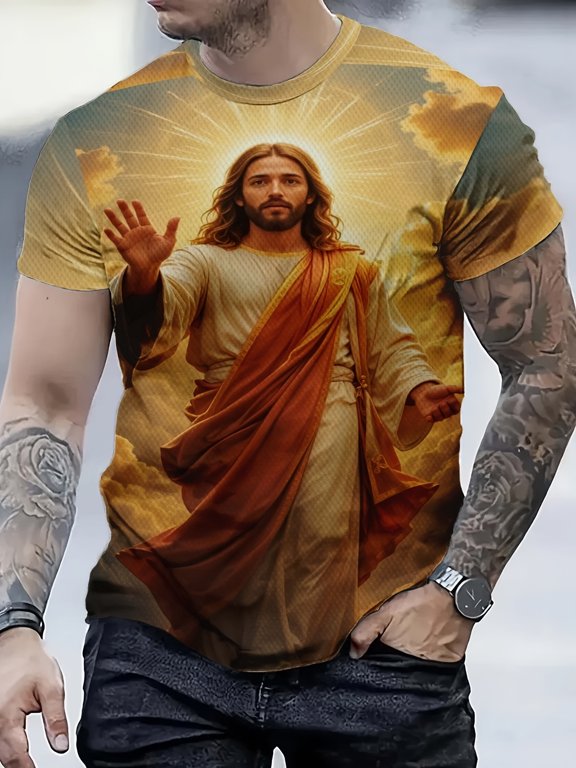 Fashion, casual, digitally printed men's short-sleeved T-shirt, casual sports style, silky fabric, crew neck design, durable structure, high-performance clothing, dynamic men's clothing