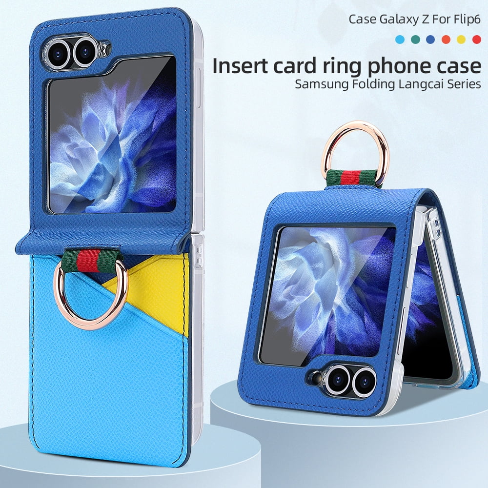 Fashion contrast color leather phone case for Samsung Galaxy Z flip 6 5 4 3 flip6 flip5 ring holder card slot folding cover