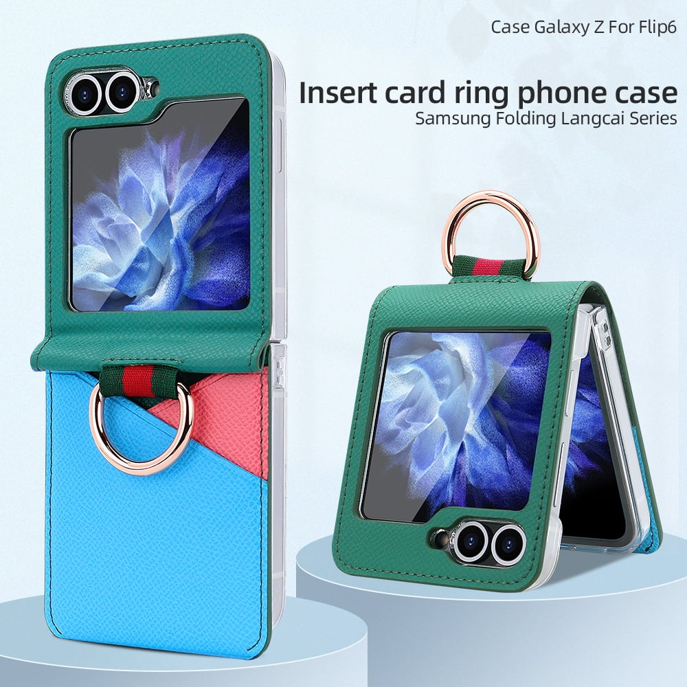 Fashion contrast color leather phone case for Samsung Galaxy Z flip 6 5 4 3 flip6 flip5 ring holder card slot folding cover