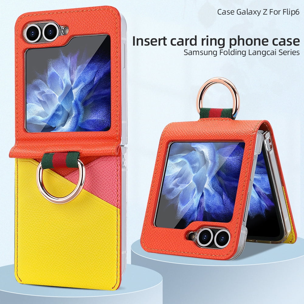 Fashion contrast color leather phone case for Samsung Galaxy Z flip 6 5 4 3 flip6 flip5 ring holder card slot folding cover