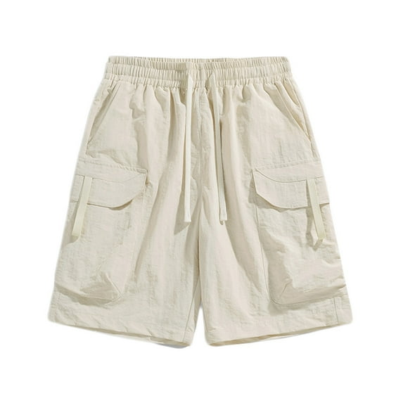 Fashion for way less HOOMEUMY Men's Summer Solid Color Multi-Pocket Drawstring Shorts Straight Loose Fit Knee Length Pants Beige 8