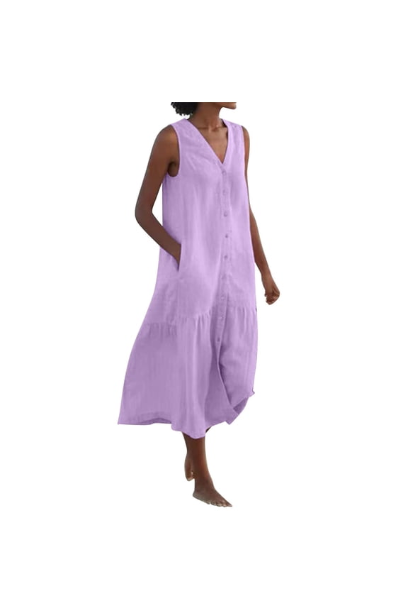 Fashion for way less SMihono Women's Casual Loose Fit V-Neck Button Down Ruffle Hem Tank Maxi Dress with Pockets Purple 12