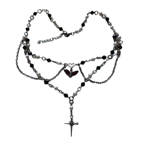 Fashion forward Multi layer Necklace Fashionable Multi layer Necklace with Crosses Pendant Moth Adorned Neck Ornament