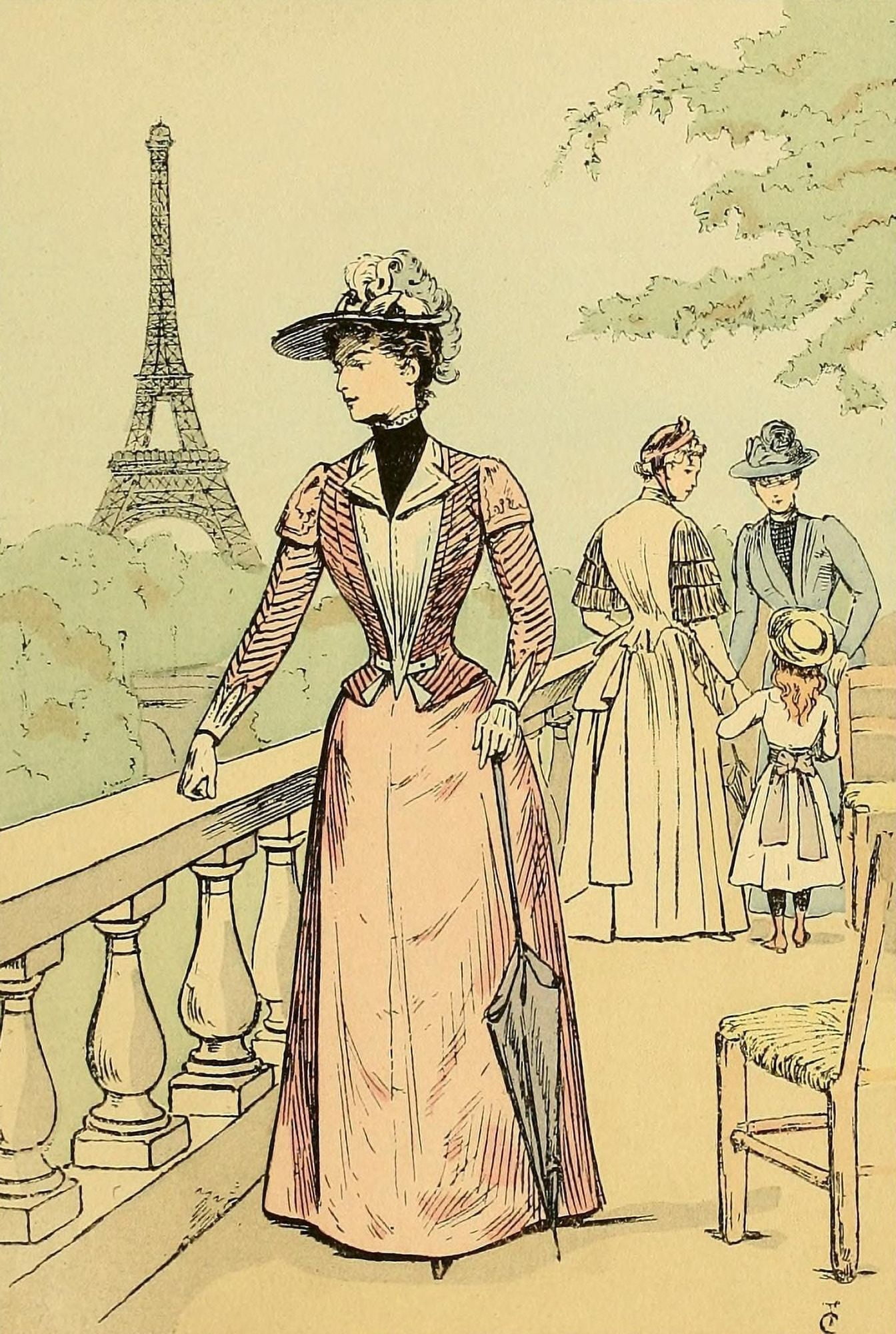 Fashion in Paris 1898 Eiffel Tower from the Exhibition Gardens 1889 Canvas Art - Fran???ois Courbin (18 x 24)