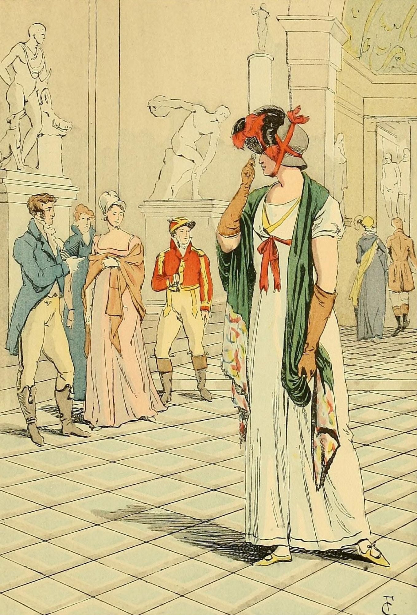 Fashion in Paris 1898 The Sculpture Gallery in the Louvre Canvas Art - Fran???ois Courbin (18 x 24)