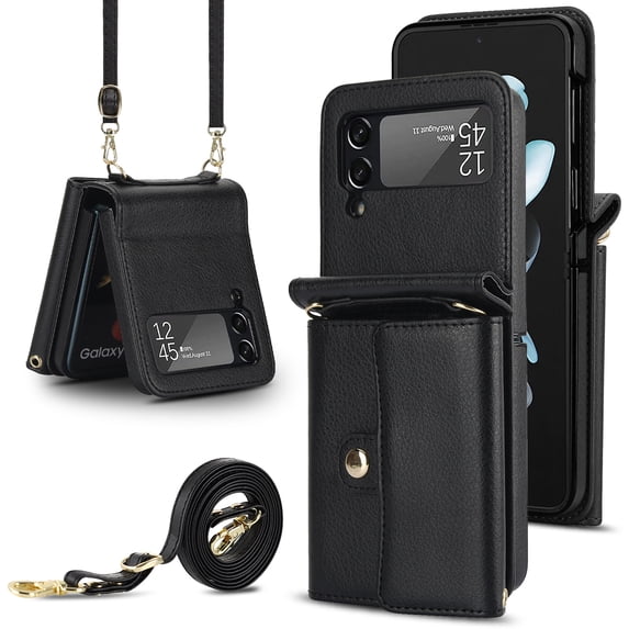 Fashion leather wallet phone case suitable for Samsung Z flip5, lanyard and card holder