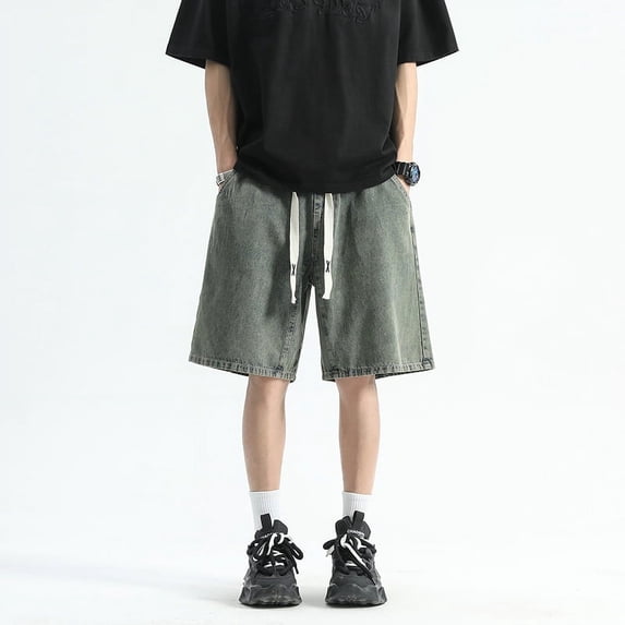 Fashion men's American retro denim shorts, men's summer thin washed straight leg capris, loose and trendy mid size pants