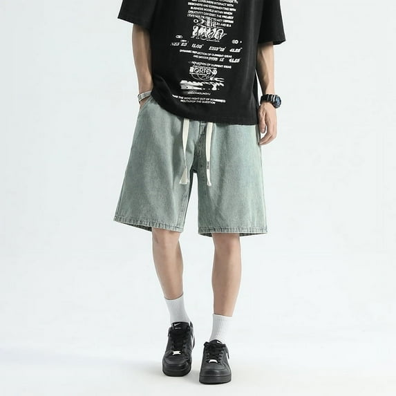 Fashion men's American retro denim shorts, men's summer thin washed straight leg capris, loose and trendy mid size pants