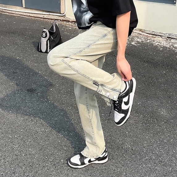 Fashion men's summer American retro washed jeans with buckle design high street distressed yellow mud straight leg pants