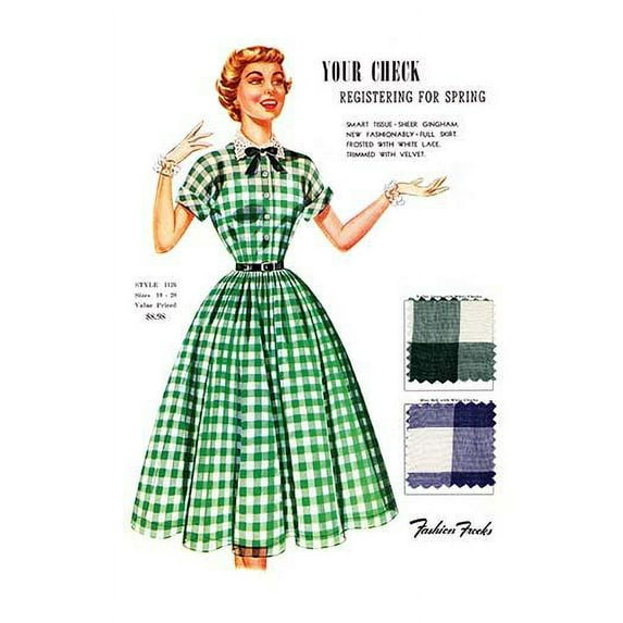 Fashion plates of the latest styles complete with sample fabric from a book sent only to retailers to choose their seasonal collections. Poster Print by Fashion Frocks (18 x 24)
