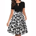 thumbnail image 1 of Fashion round neck short sleeve printed waist black and white patchwork dress, 1 of 2