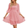 thumbnail image 1 of Fashion square neck lantern sleeve dress with waist pleated chiffon short dress, 1 of 3