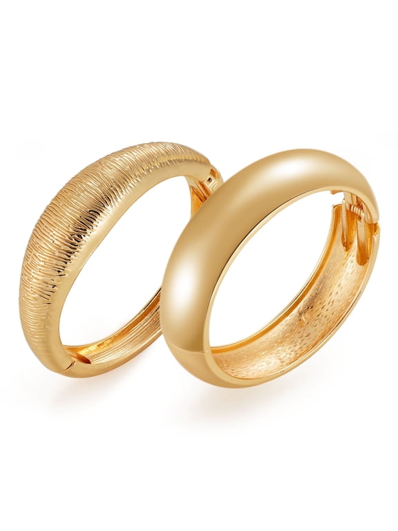 Gold Bracelets for Women Stackable 2 Piece Wide Chunky Cuff Bangles Set, Non Tarnish Gift