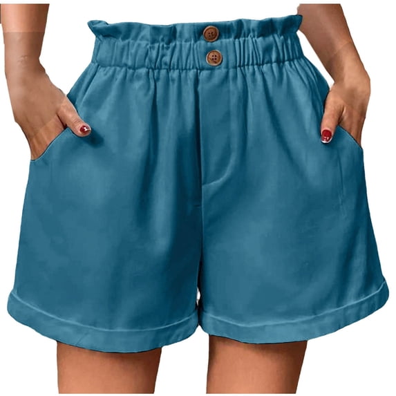 Fashion for way less Olyvenn Women Summer Shorts Paper Bag Waist Solid Color Loose Fit High Waist Pockets Button A-Line Beach Shorts with Belt Sky Blue 4