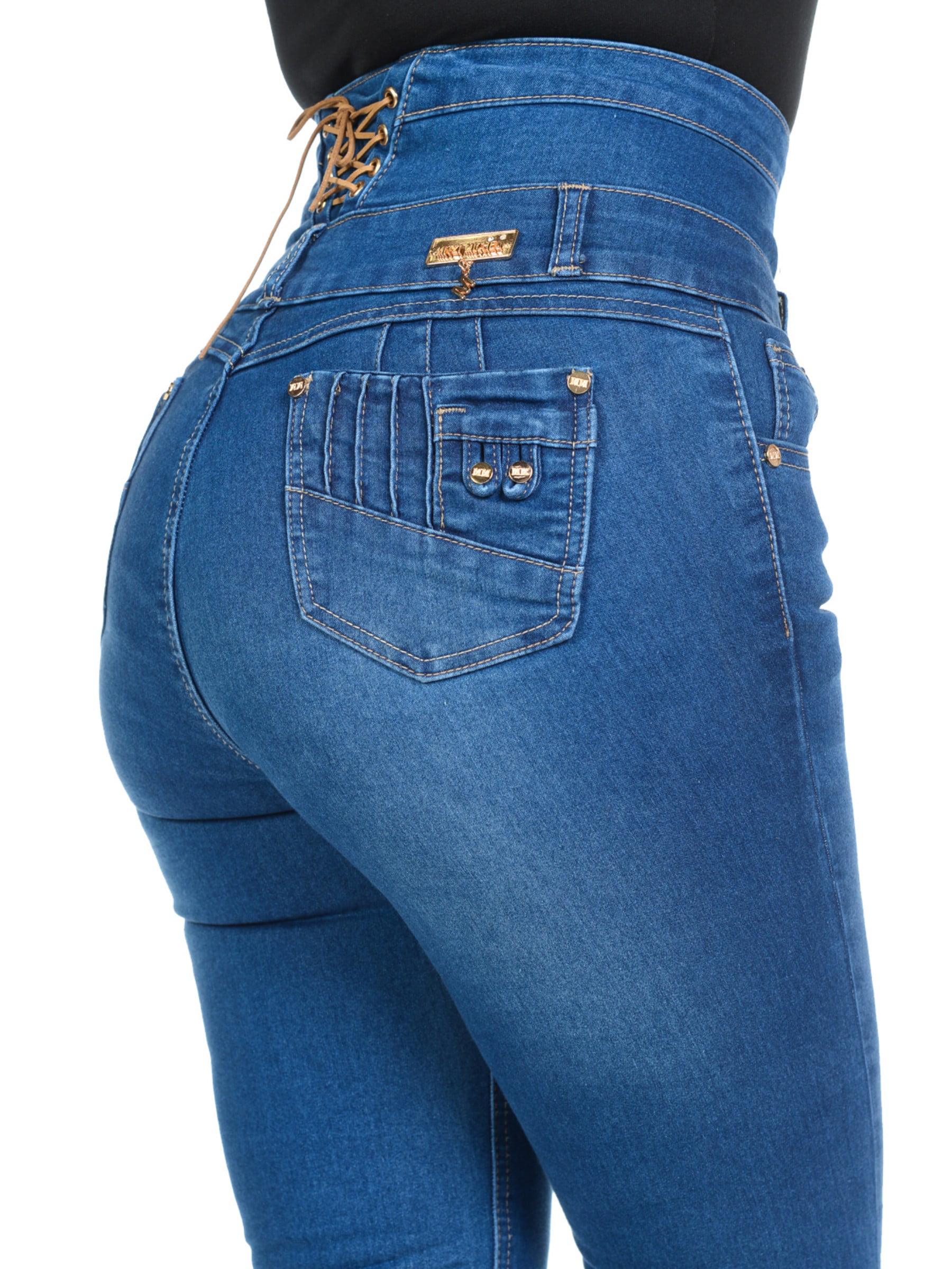 Women's Blue Colombian High Waist Jeans Stretch Push Up Butt