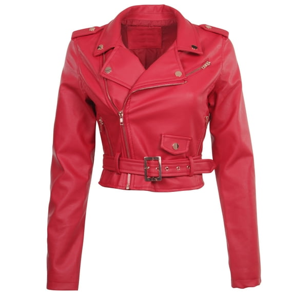 Fashion2Love Women's Juniors Fashionable Cropped Faux Leather Moto Biker Jacket