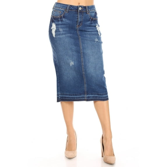 Fashion2Love Women's Juniors/Plus Size Destroyed Ripped Pencil Stretch Denim Skirt