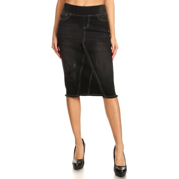 Fashion2Love Women's Juniors/Plus Size High Waisted Shaping Pull-On Stretch Denim Mid Length Skirt