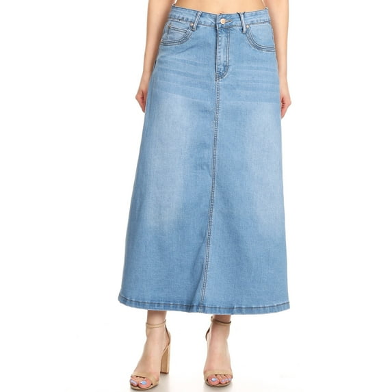 Fashion2Love Women’s Plus/Junior size Mid Rise A-Line Long Jeans Maxi Denim Skirt